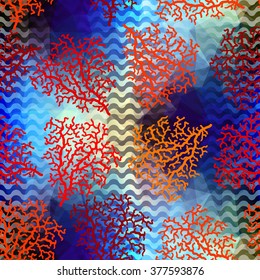 Seamless background pattern. Coral seamless pattern on blue background. Vector illustration.