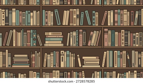 Un patrón de fondo sin fisuras de una acogedora Biblioteca o librería con estantes completamente llenos de libros antiguos.