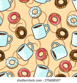 Seamless background with a pattern of a cup of coffee and delicious donuts in pink strawberry, chocolate brown and white glaze.