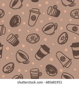 Seamless background with a pattern of a cups of coffee and delicious donuts. Coffee Attributes Color Hand Drawn Seamless Pattern. Coffee Sketch Background. Vector illustration