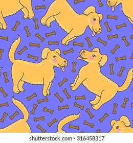 Seamless background with a pattern of cute cartoon dog with a blush and bones