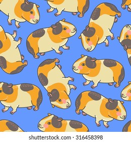 Seamless background with a pattern of cute cartoon guinea pig with a blush