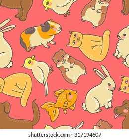 Seamless background with a pattern of cute cartoon hamster, guinea pig, rabbit, dog, cat, parrot, goldfish with a blush