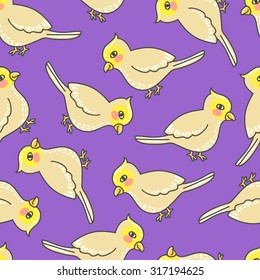 Seamless background with a pattern of cute cartoon cockatiel parrot with a blush