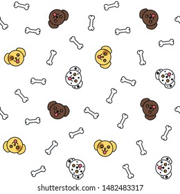 Seamless background pattern with cute dog faces and bones. Funny animal wallpaper vector illustration.