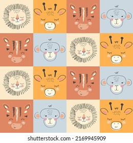 Seamless background pattern with cute faces of wild animals
