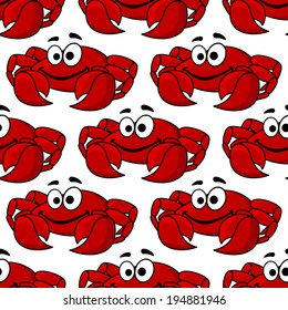 Seamless background pattern of a cute happy red crab with big pincers or claws in square format