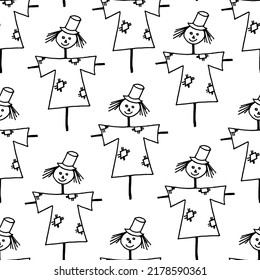Seamless background from a pattern of cute scarecrows in a shirt with patches and a hat. Halloween background. Halloween concept. 