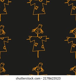 Seamless background from a pattern of cute scarecrows in a shirt with patches and a hat. Halloween background. Halloween concept.