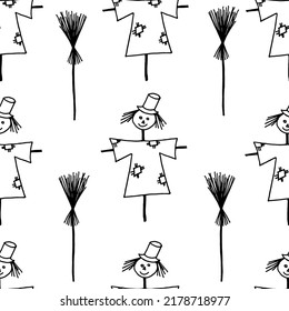 Seamless background from a pattern of cute scarecrows in a shirt with patches and a hat with broom. Halloween background. Halloween concept.