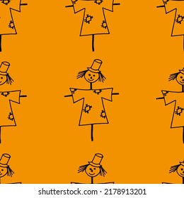 Seamless background from a pattern of cute scarecrows in a shirt with patches and a hat. Halloween background. Halloween concept.