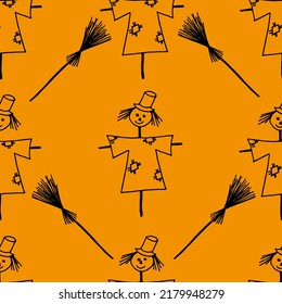 Seamless background from a pattern of cute scarecrows in a shirt with patches and a hat with broom. Halloween background. Halloween concept.