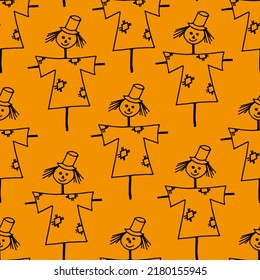 Seamless background from a pattern of cute scarecrows in a shirt with patches and a hat. Halloween background. Halloween concept. 