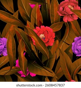 Seamless background pattern with dark brown leaves  and red peonies flowers on black. Pure vector - stock.