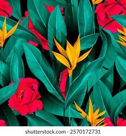 Seamless background pattern with dark green leaves  and red flowers on black. Yellow flowers. Hand drawn illustration. vector - stock.