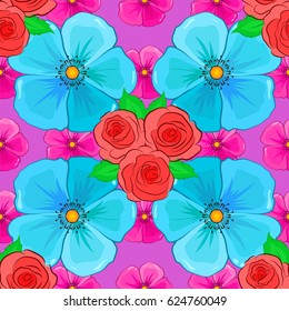 Seamless background pattern with decorative cosmos flowers and leaves on a violet background. Vector illustration.