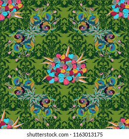 Seamless background pattern with decorative forget-me-not flowers and leaves in green, pink and blue colors. Vector illustration.