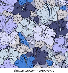 Seamless background pattern with decorative hibiscus flowers and leaves in blue and gray colors. Vector illustration.