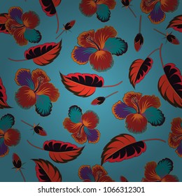 Seamless background pattern with decorative hibiscus flowers and leaves in blue, red and gray colors. Vector illustration.