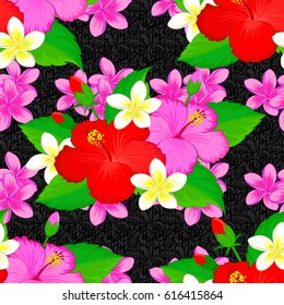 Seamless background pattern with decorative hibiscus flowers and leaves on a black background. Vector illustration.