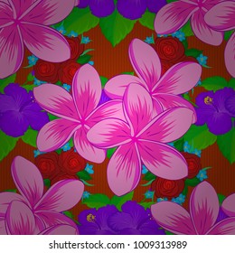 Seamless background pattern with decorative plumeria flowers and leaves in violet, pink and magenta colors. Vector illustration.