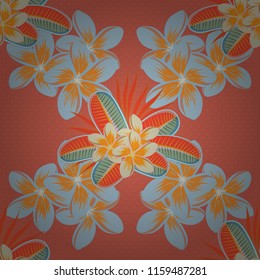 Seamless background pattern with decorative plumeria flowers and leaves in pink, blue and orange colors. Vector illustration.