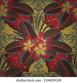 Seamless background pattern with decorative plumeria flowers and leaves in yellow, red and brown colors. Vector illustration.