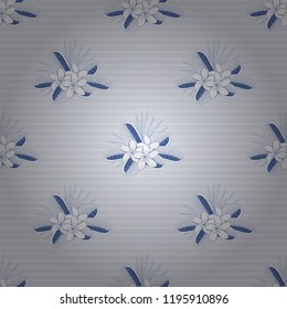 Seamless background pattern with decorative plumeria flowers and leaves in gray and blue colors. Vector illustration.
