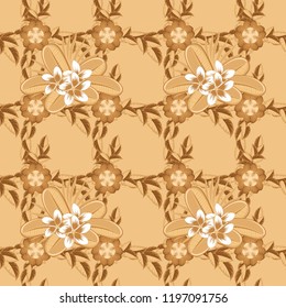 Seamless background pattern with decorative plumeria flowers and leaves in beige, orange and brown colors. Vector illustration.
