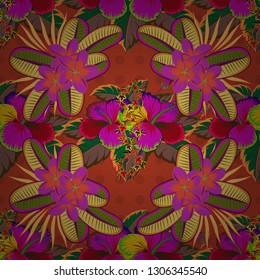 Seamless background pattern with decorative plumeria flowers and leaves in orange, magenta and yellow colors. Vector illustration.