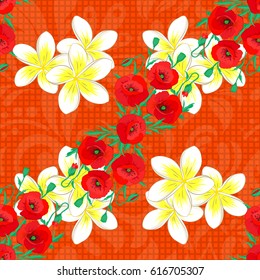 Seamless background pattern with decorative plumeria flowers and leaves on a orange background. Vector illustration.