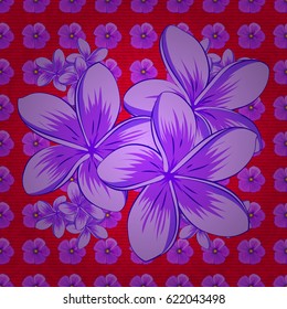 Seamless background pattern with decorative plumeria flowers and leaves on a red background. Vector illustration.