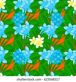 Seamless background pattern with decorative plumeria flowers and leaves on a orange background. Vector illustration.