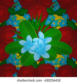 Seamless background pattern with decorative plumeria flowers and leaves on a yellow background. Vector illustration.