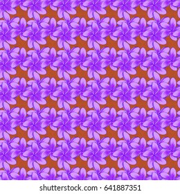 Seamless background pattern with decorative plumeria flowers and leaves on a brown background. Vector illustration.