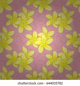 Seamless background pattern with decorative plumeria flowers and leaves on a pink background. Vector illustration.
