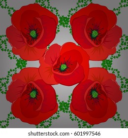 Seamless background pattern with decorative poppy flowers and leaves on a gray background. Vector illustration.
