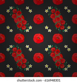 Seamless background pattern with decorative poppy flowers and leaves on a gray background. Vector illustration.