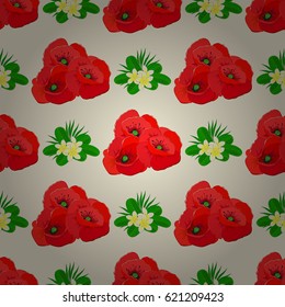Seamless background pattern with decorative poppy flowers and leaves on a beige background. Vector illustration.
