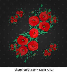 Seamless background pattern with decorative poppy flowers and leaves on a gray background. Vector illustration.