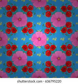 Seamless background pattern with decorative poppy flowers and leaves on a blue background. Vector illustration.