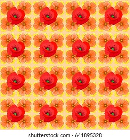 Seamless background pattern with decorative poppy flowers and leaves on a beige background. Vector illustration.