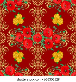 Seamless background pattern with decorative poppy flowers and leaves on a red background. Vector illustration.