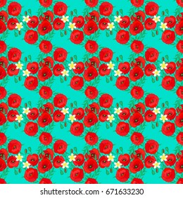 Seamless background pattern with decorative poppy flowers and leaves on a blue background. Vector illustration.