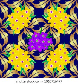 Seamless background pattern with decorative primula flowers and leaves in blue and yellow colors. Vector illustration.