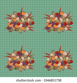 Seamless background pattern with decorative primula flowers and leaves in red and green colors. Vector illustration.