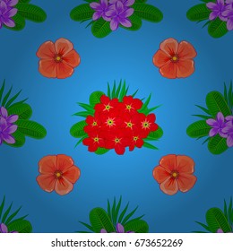 Seamless background pattern with decorative primula flowers and leaves on a blue background. Vector illustration.