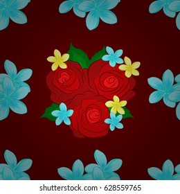 Seamless background pattern with decorative rose flowers and green leaves on a red background. Vector illustration.