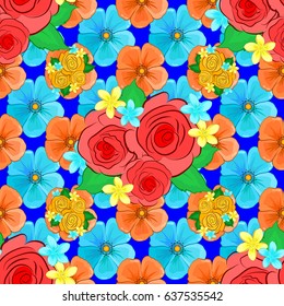 Seamless background pattern with decorative rose flowers and green leaves on a blue background. Vector illustration.
