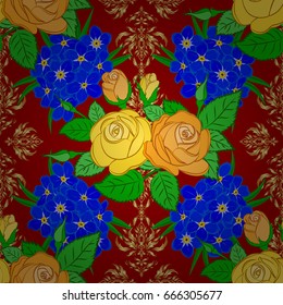 Seamless background pattern with decorative rose flowers and green leaves on a red background. Vector illustration.